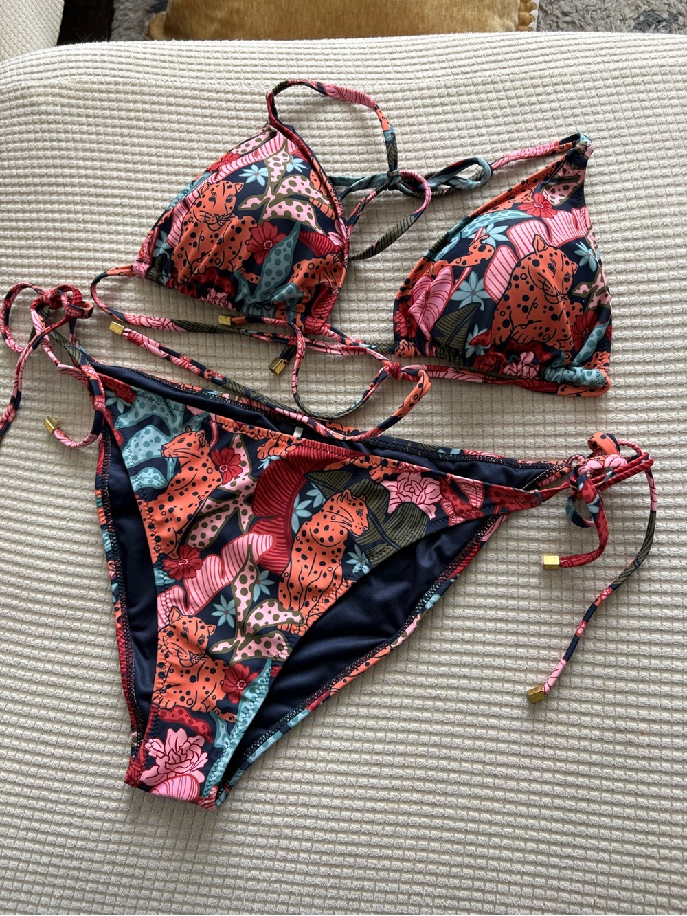 Floral Leopard Print Tie-Side Bikini Set in Coral and Navy
